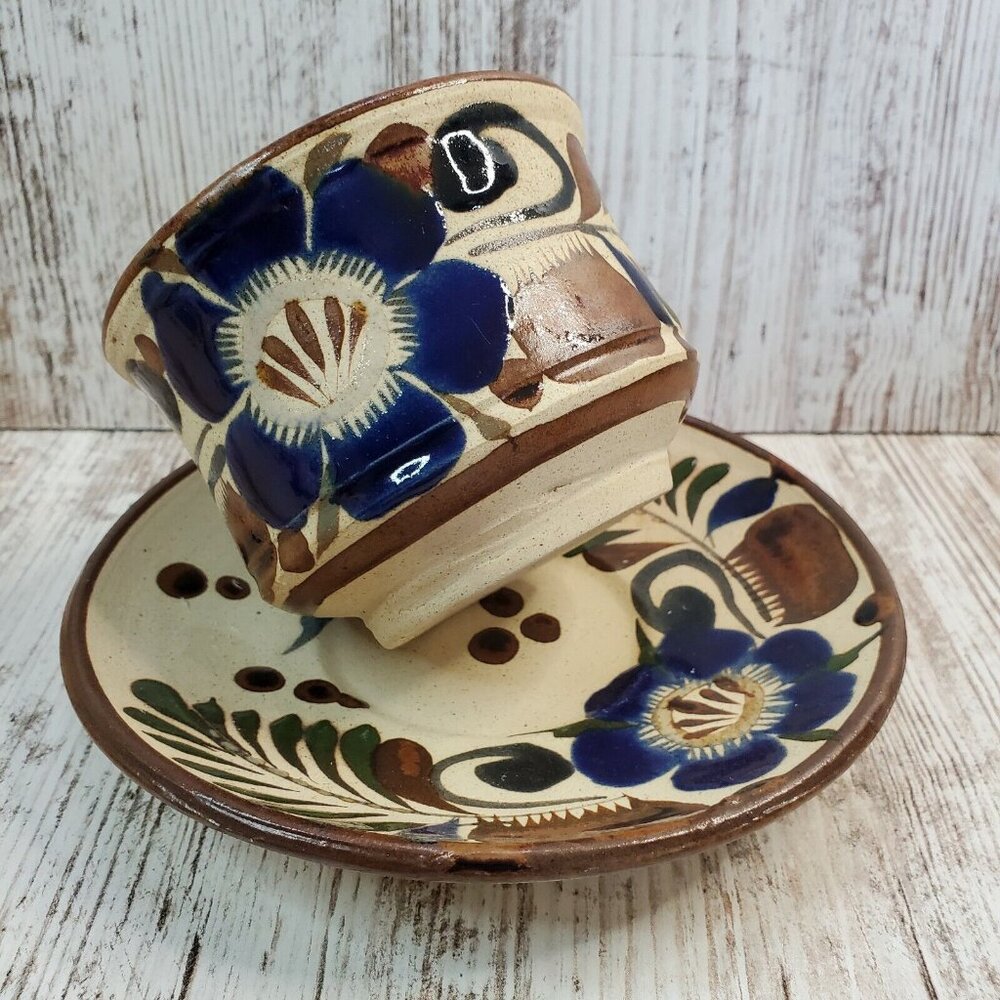 Vintage Tonala Sandstone Mexican Pottery Glazed Design Cup & Saucer Set Signed